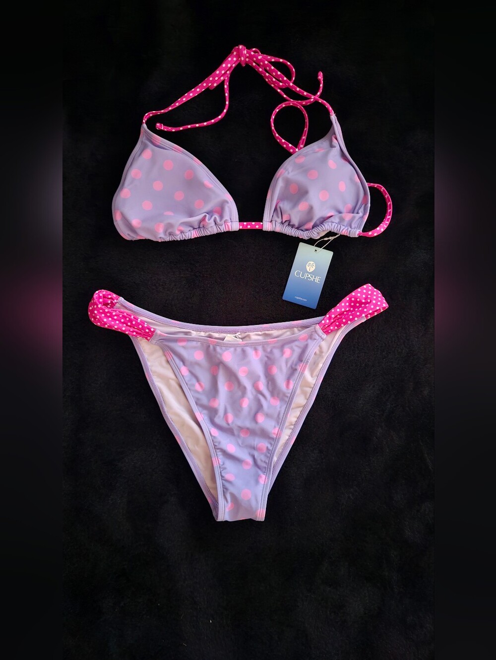 Cupshe Lavender Bikini with Hot Pink Polka Dots